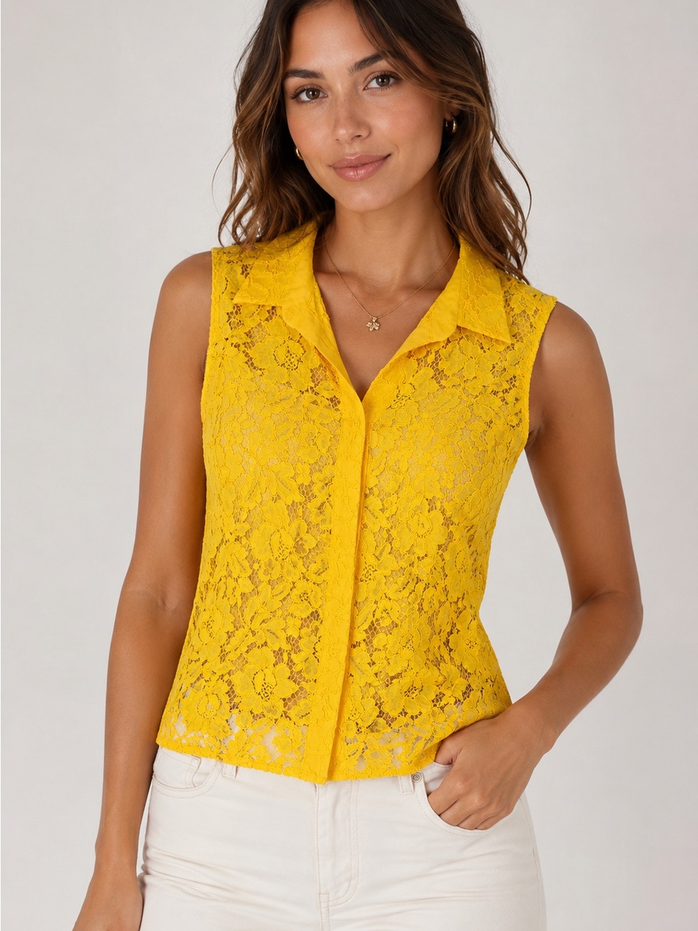 Sandro Paris Cottagecore Yellow Floral Lace Collared Camisole